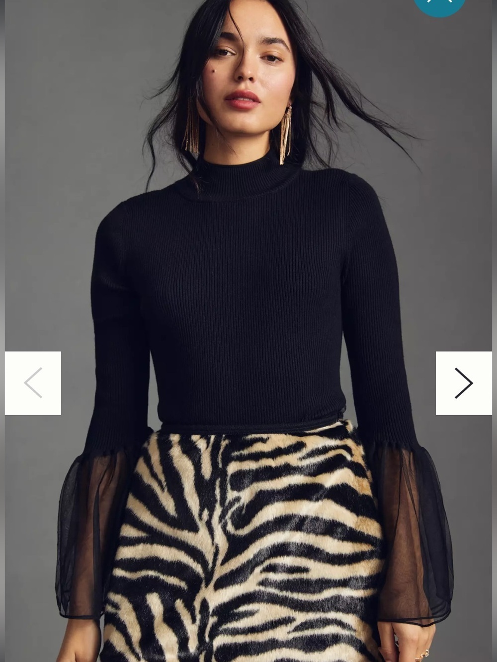 Anthropologie Black Ribbed Mock Neck tulle cuff Sweater
